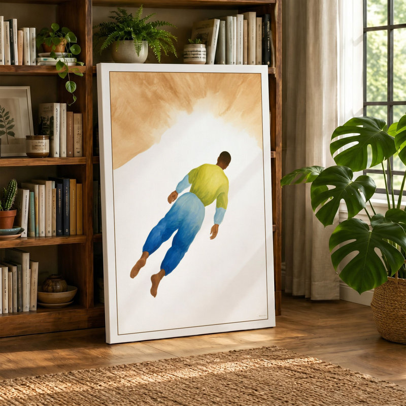 Floating in Blue and Yellow Modern - Wrapped Canvas, 36x24 - 91.4 x 61.0 cm, Ochre Border