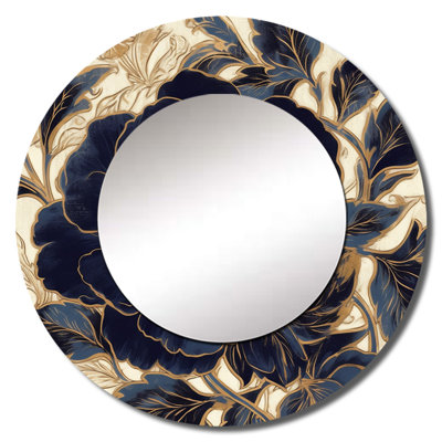 Pratap Blue Gold Peonies Celebration IV - Peonies Decorative Wall Mirror, Blue Large Round Mirror, Printed Metal Art