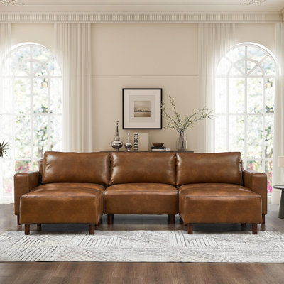 Canapé d'angle moderne et luxueux, revêtement de qualité en cuir PU respirant, forme en U, avec deux poufs, brun