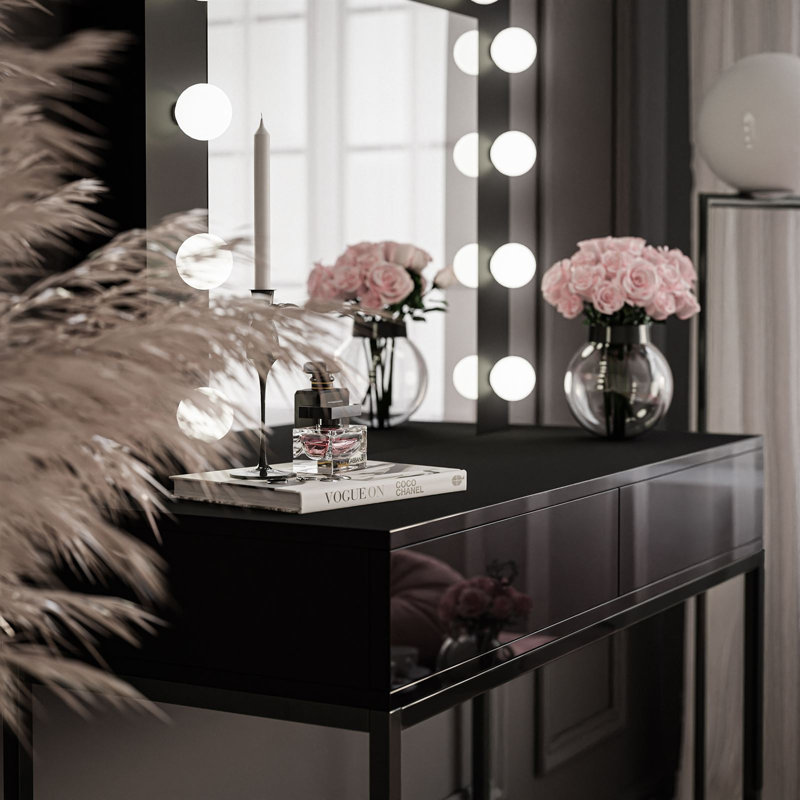 Antoniya Dressing Table with Mirror, Black/High Gloss Black