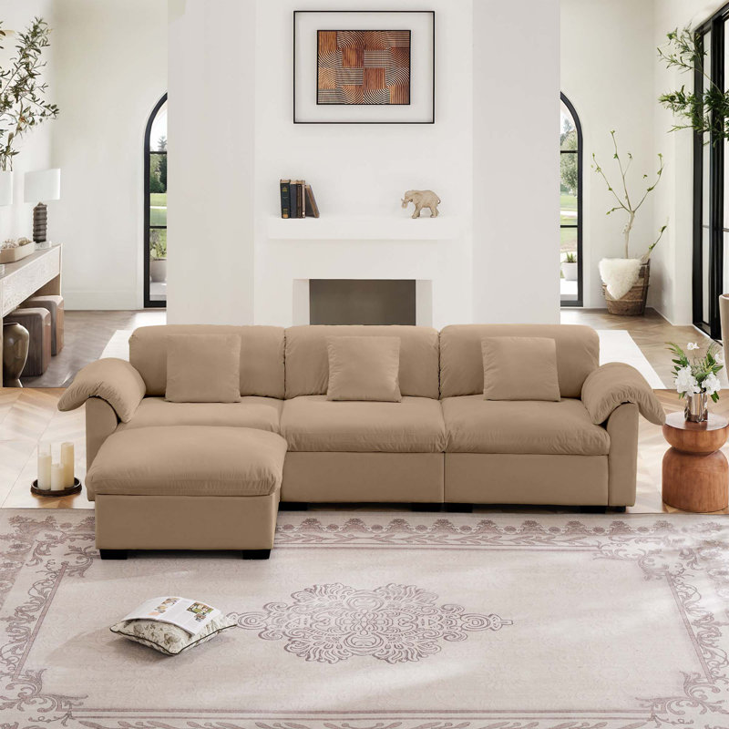 3 canapés modulaires en L à assise profonde avec sièges de rangement et 1 repose-pieds avec rangement, Velours brun clair