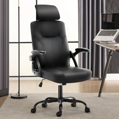 High Back Executive Leather Office Chair, PU Task Chair with Flip-up Arms and Headrest, Ergonomic PU Leather Computer Chairs, Comfy 360 ° Swivel Rolling Chair, for Study, Office, Black