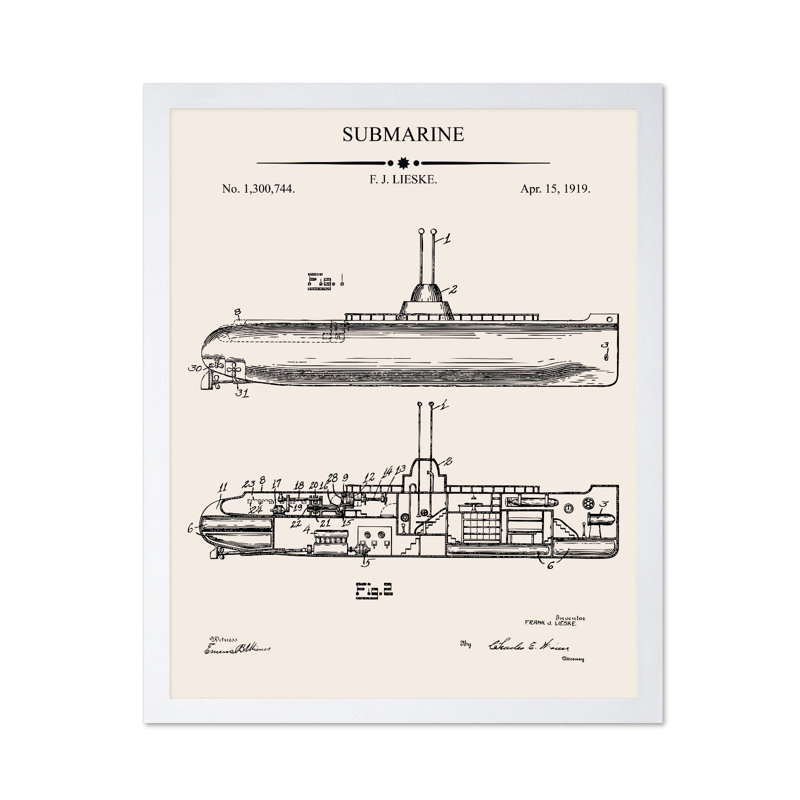 Submarine Blueprint, Poster, 12"H x 16"W, White Framed