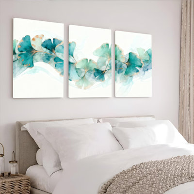 Abstract Ginkgo Leaves Watercolor Canvas Wrapped Wall Art Oil Painting Print Set Of 3 For Living Room Bedroom Home Decor