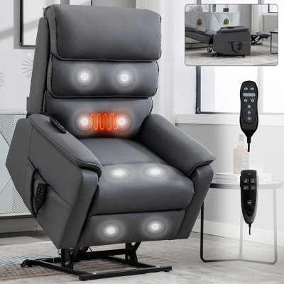 Fauteuil inclinable gris à deux moteurs en cuir gris résistant aux chats avec position infinie et relevage électrique avec télécommande, massage thermique et mécanisme de mouvement robuste