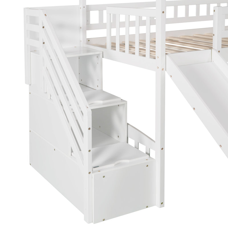 Lit mezzanine avec escalier de rangement et glissade, Blanc