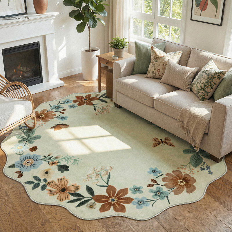 Garbrand Machine Washable Floral Farmhouse Area Rug with Non-Slip Backing for Living Room, Dining Room, Bedroom, Round 5'