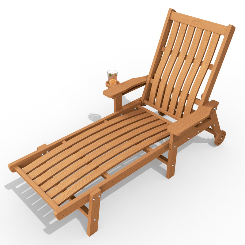 Dareona Outdoor HDPE Adjustable Reclining Chaise Lounge Chair With Wheels & Cup Holder in Teak, Teak