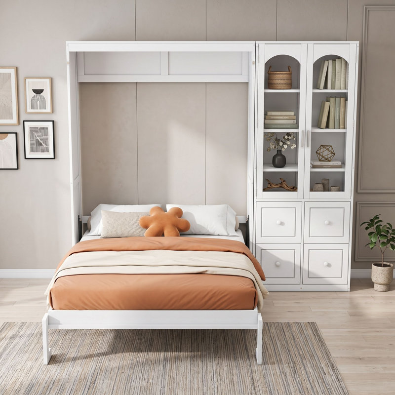 Grand lit escamotable avec armoire de rangement, Blanc