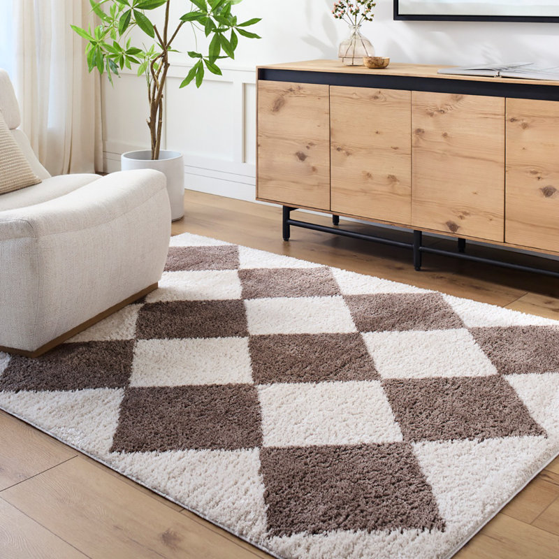 Brown Modern Washable Shaggy Rug, Chequered Anti-Slip Rug For Living Room, Dining Room, Bedroom, Kitchen