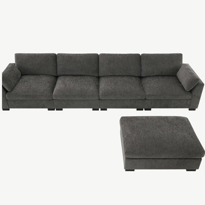 Modular Sectional Sofa, L-Shape with Folding Table and Dual-Port Charging, Side Storage Pockets, 2 Armrest Pillows, Free Movement Ottoman, High Densit