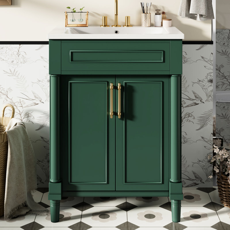 Meuble-lavabo de salle de bain d'une largeur de 24 po, lavabo en céramique intégré, armoire à 2 portes, solution d'espace pour tablettes moyennes et réglables, dimension gracieuse de la conception du lavabo, rangement, petits espaces,