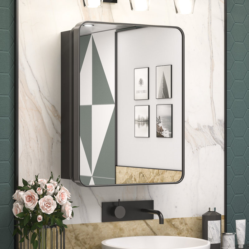 Gervon Rectangle Recessed Medicine Cabinet with Adjustable Shelves, 26" H x 20" W x 5" D, Black