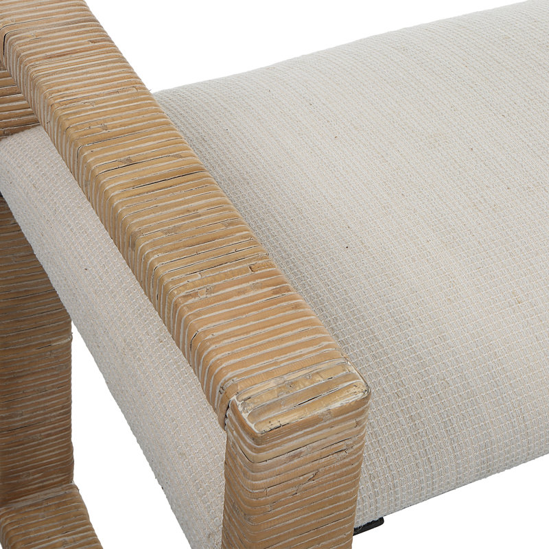 Oatmeal Upholstered Metal Sled Leg Bench with Rattan Frame