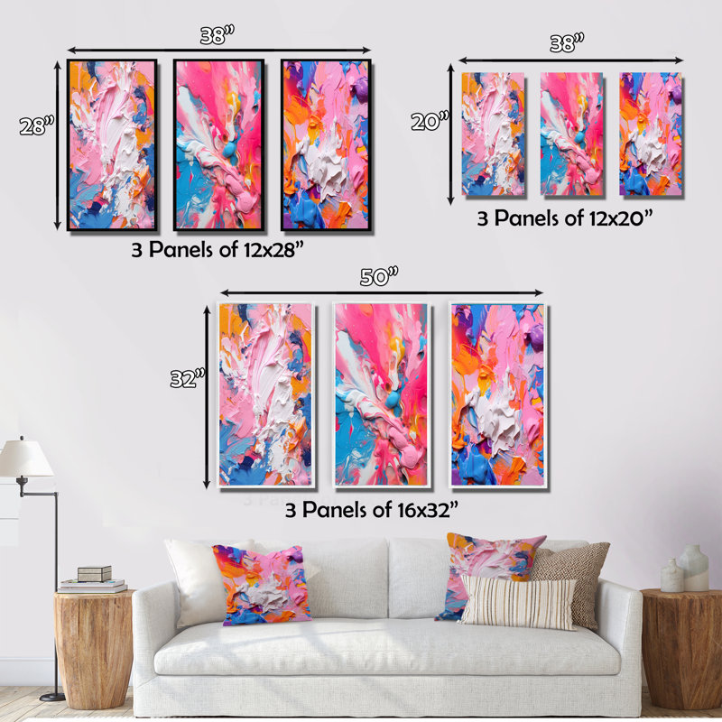 "Explosions roses et blanches de couleur", 3 pièces sur toile, Toile tendue, H 40 po x l 60 po