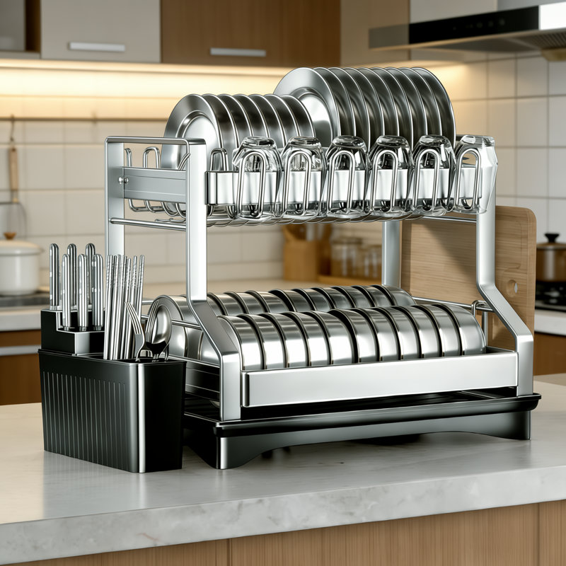 2-tier Dish Rack Kitchenware Storage Multi-functional Large Capacity With Drain Tray Chopstick Holder