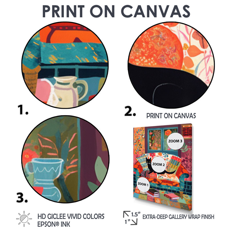 Chat noir sur canapé Boho Cozy - reproduction d'art murale chat, Toile avec cadre doré, H 32 po x l 24 po x P 1 po