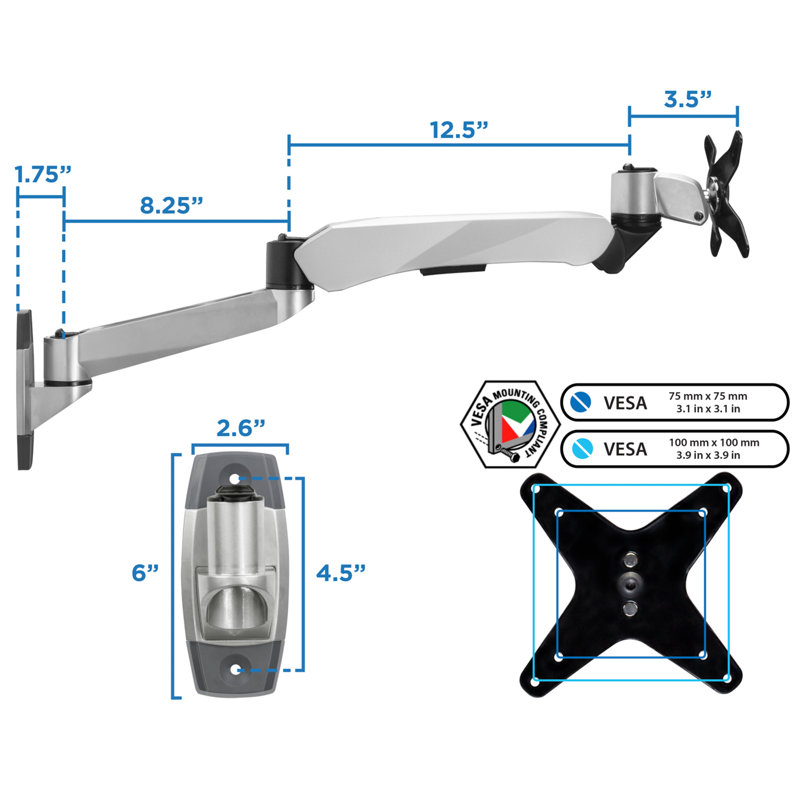 Silver Aluminum Full-Motion Adjustable Wall Mount for 24" Monitors