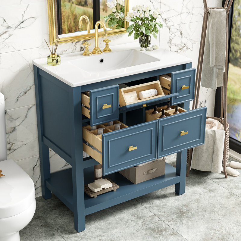 Ensemble de meuble-lavabo simple avec 5 tiroirs, Bleu