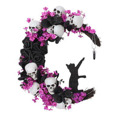 Couronne d'Halloween pour porte d'entrée, 35 cm, noire, avec chat, rose et lune. Décoration d'Halloween en vigne, idéale pour la maison, l'intérieur et l'extérieur. (Lune noire)