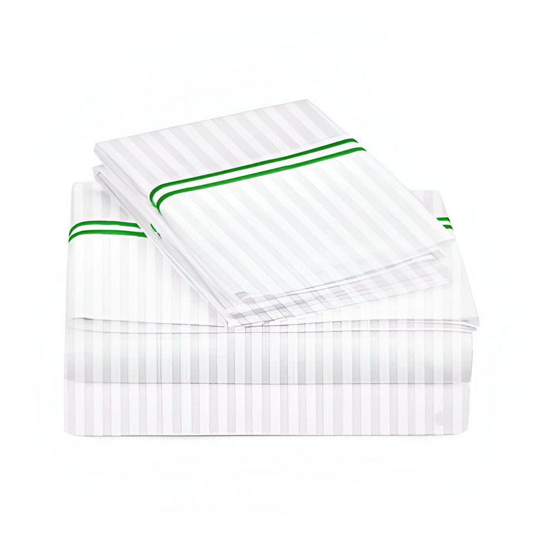 400TC Double Embroidery Sateen Stripe Cotton 4 Piece Sheet Set Fitted Sheet Fits Upto 16" Deep Pocket, Full XL Sheet Set