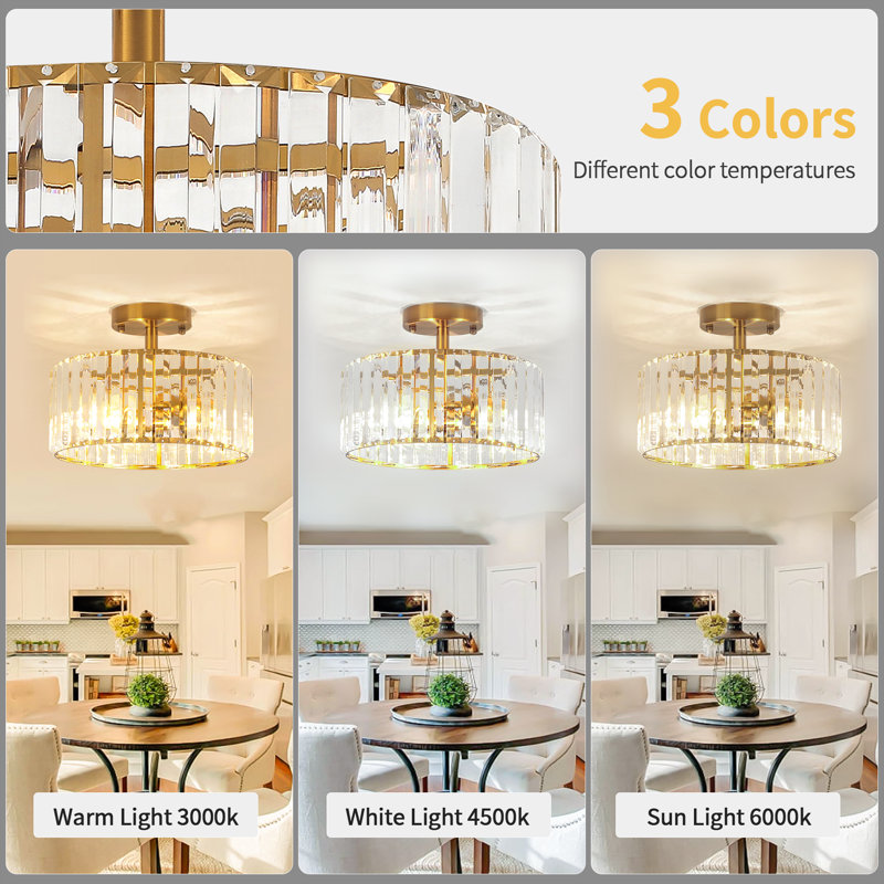 11" Gold and Crystal Drum Semi Flush Mount Ceiling Light Fixture