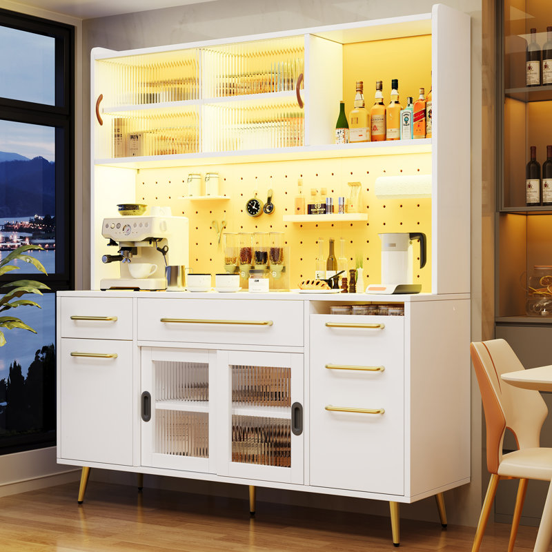 Kitchen Cabinet With Led, 1 Door, 2 Sliding Doors And 4 Drawers, White
