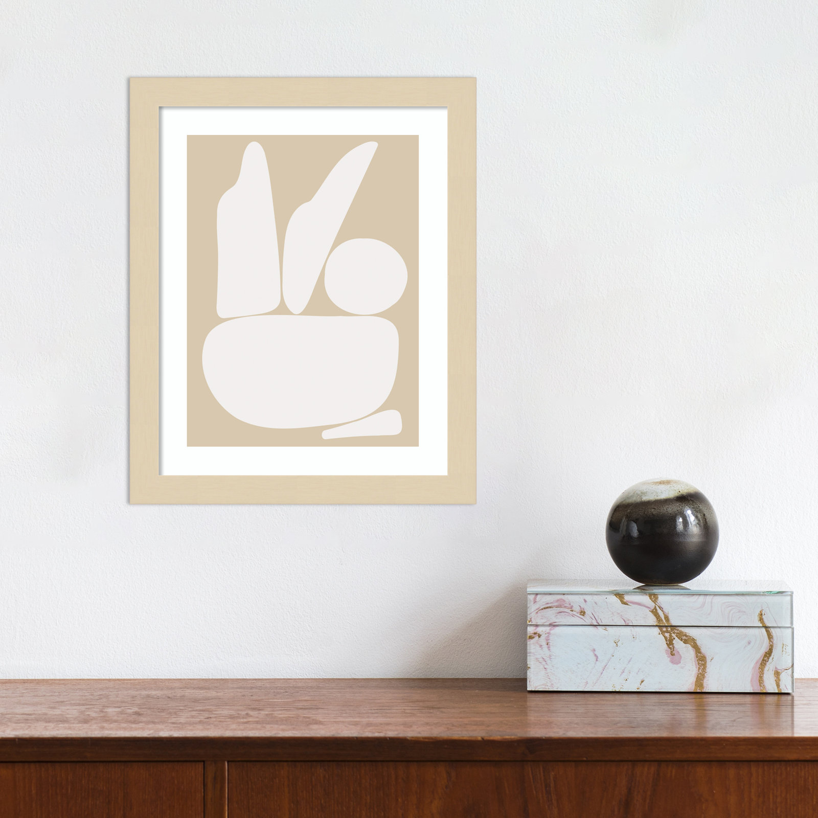 Zen Rock Garden Neutral Print, 13" H x 11" W, Brown Framed