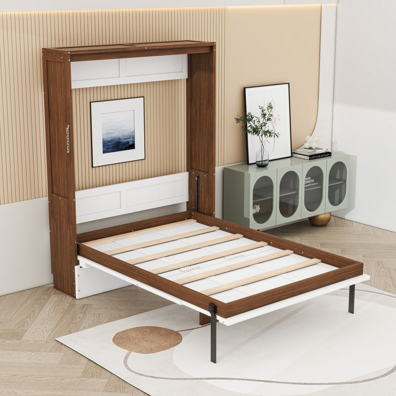 Lit escamotable double avec bureau pliable, Noyer / gris