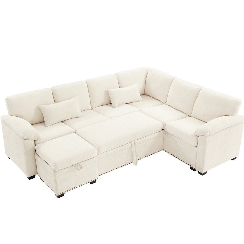 Beige 97 Inch L-Shaped Chenille Sectional With Storage And 7 Seat Options Seats, , For Home Living