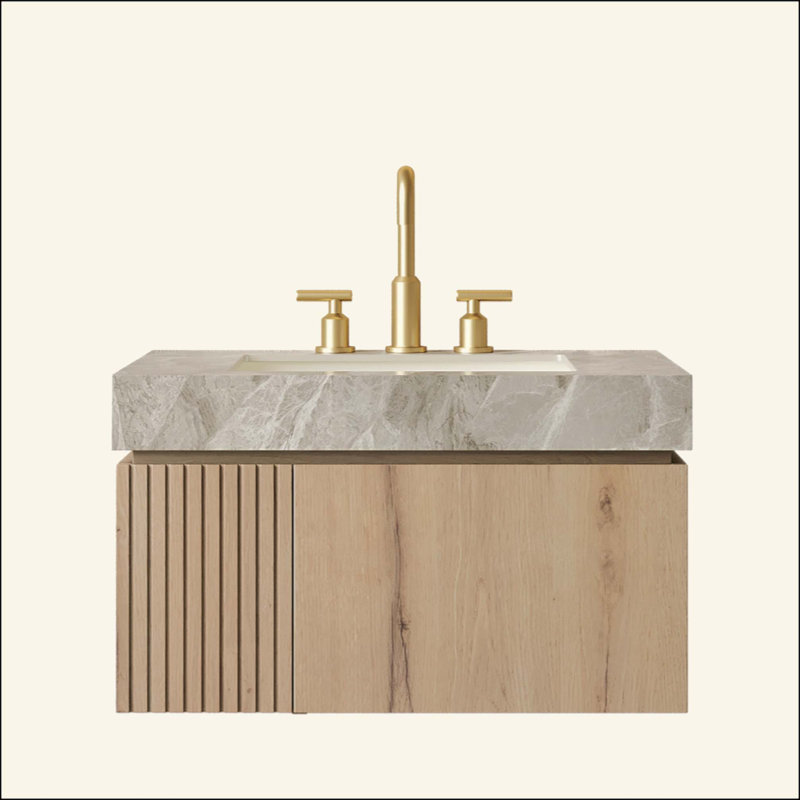 Meuble-lavabo de salle de bain, armoire de rangement en contreplaqué flottant avec tiroir et porte, plateau en pierre frittée et lavabo en céramique avec 3 trous de robinet pré-percés, pré-assemblé
