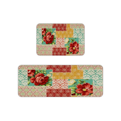 Patchwork Floral Print Kitchen Mats for Kitchen & Farmhouse, Red Teal 2 Pack