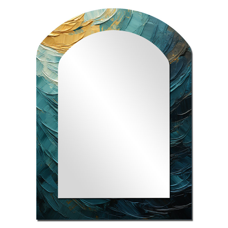 Teal Majestic Motion - Abstract Spirals Asymmetrical Wall Mirror, Blue Arch Decorative Mirror, Printed Metal Art, 34" x 25"