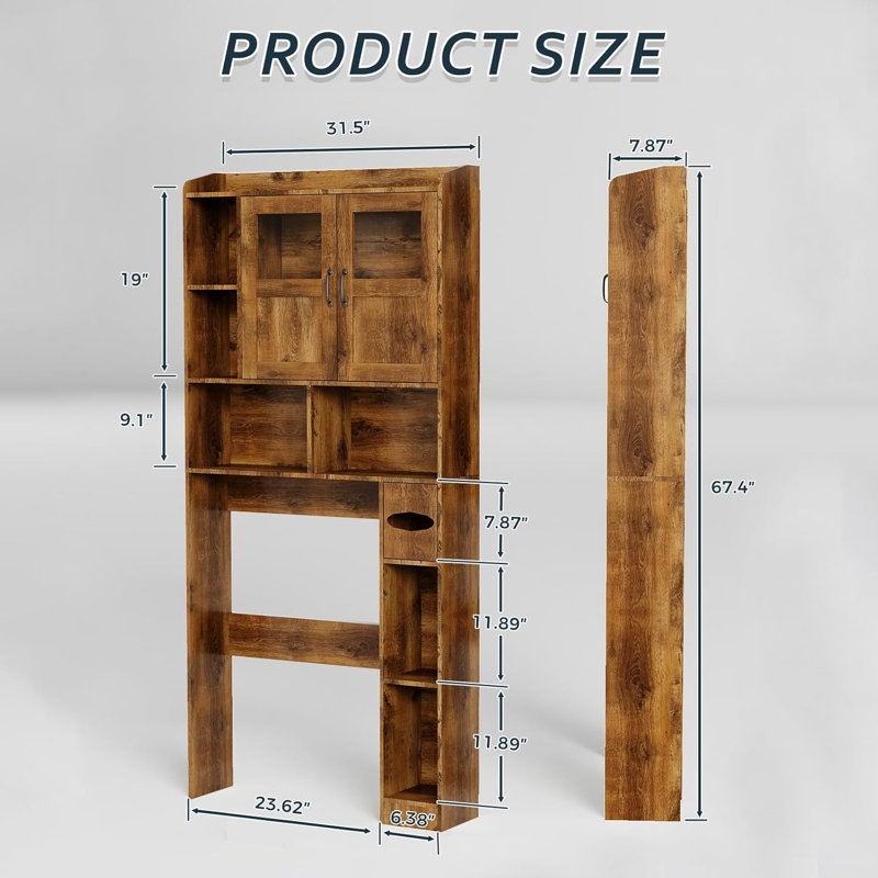 Over The Toilet Storage Cabinet with Adjustable Shelves, Tempered Glass Door, Open Shelving, Natural