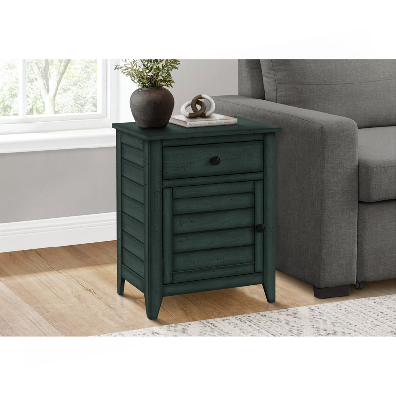 Table d'appoint, table de chevet, tiroir de rangement, bout, table d'appoint, chambre à coucher, lampe, rangement, placage bleu antique, transitionnel