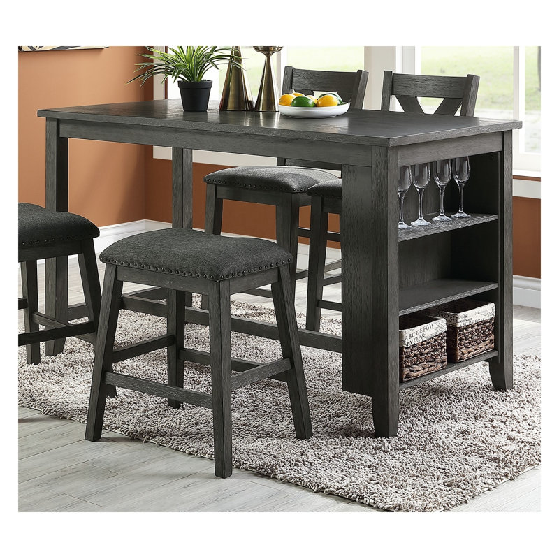 Table de salle à manger moderne à hauteur de comptoir moderne avec tablettes de rangement, bois d'hévéa massif, finition gris délavé