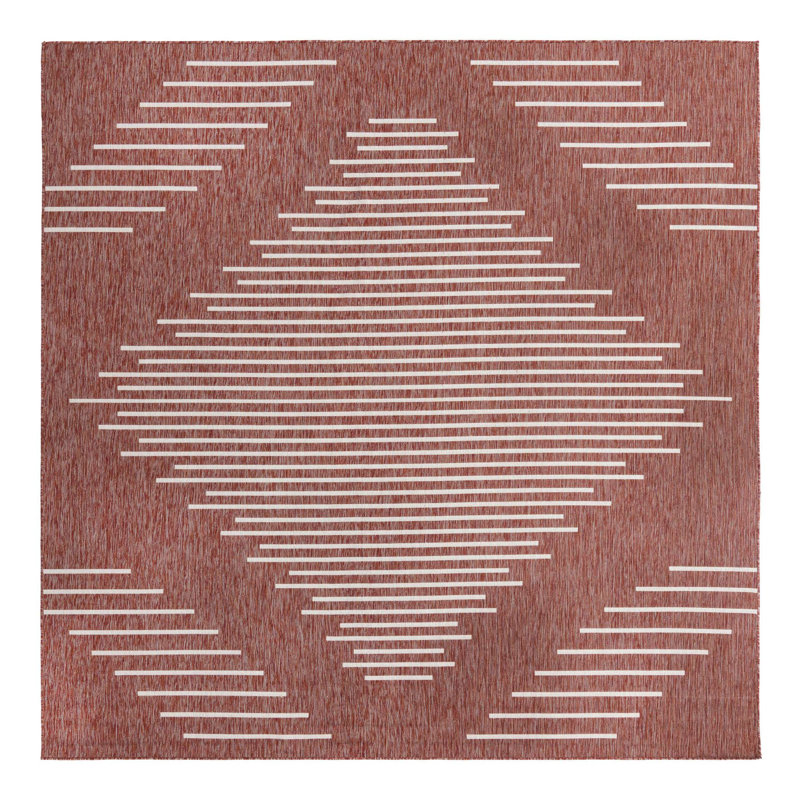 Tapis intérieur / extérieur rayé en polypropylène tissé à la machine en rouge clair, Carré 10 pi 8 po