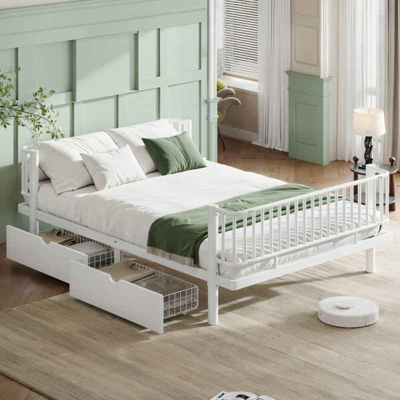 Lit plateforme avec tiroirs de rangement, Blanc clair, Grand lit