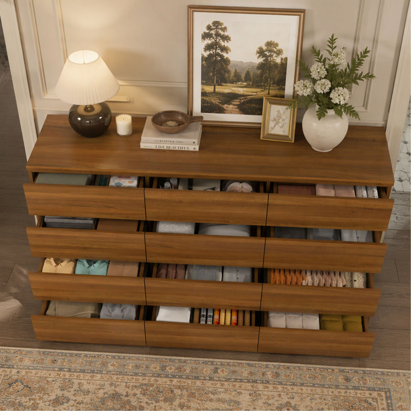 Commode double à 12 tiroirs en noyer au design moderne, grand meuble de rangement pour chambre à coucher