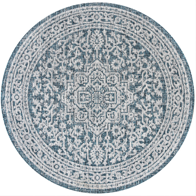 Tapis d'intérieur / extérieur bleu / gris Moten, Rond 9 pi