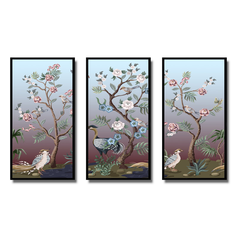 Chinoiserie avec oiseaux et pivoines - peinture sur toile 3 pièces, H 20 po x l 36 po, Noir