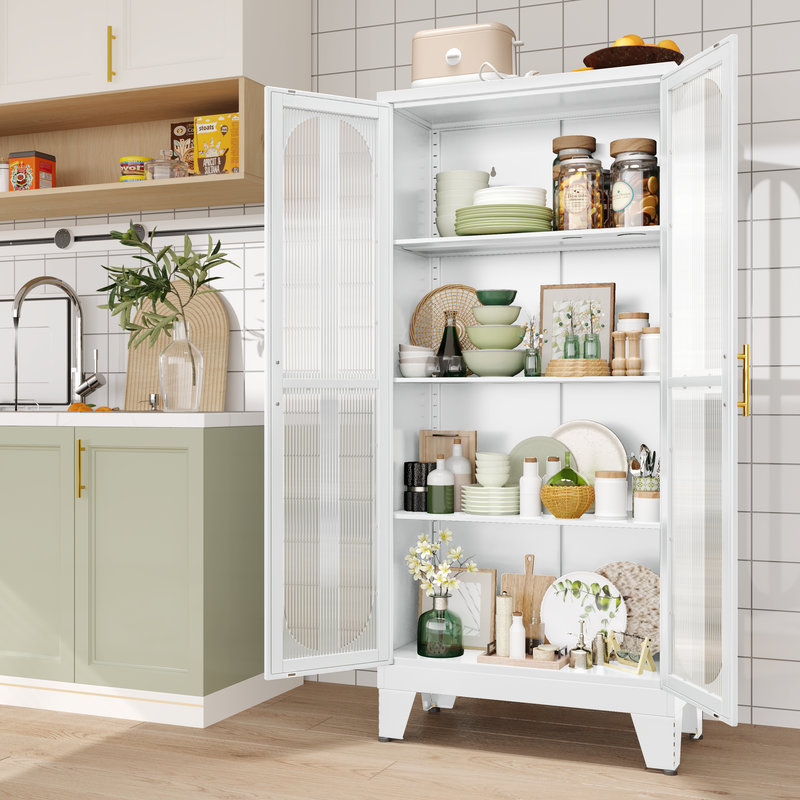 George Oliver Freestanding Display Shylyn Kitchen Pantry Cabinet With Cross Acrylic Glass Doors, White