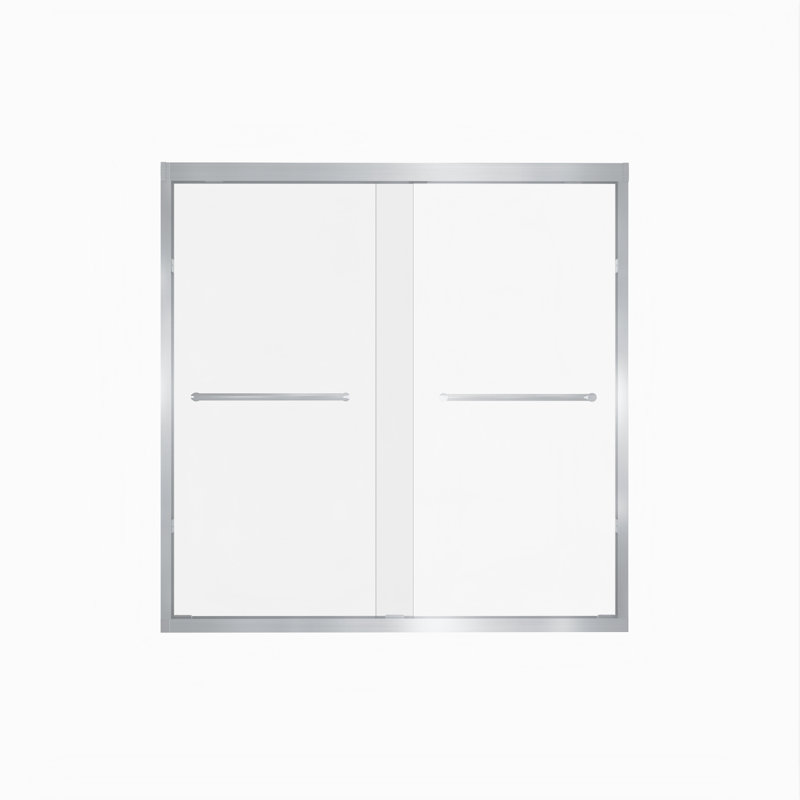 56-60" X 60" Tempered Glass With Explosion Proof Film, Aluminum Frame Double Sliding Shower Door, "1/4 (6 Mm), Stainless Steel Handle,Brushed Nickel