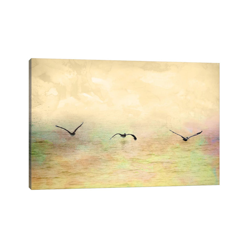 Mouettes dans le ciel I par Ynon Mabat - peinture sur toile tendue, H 12 po x l 18 po x 1,5 po