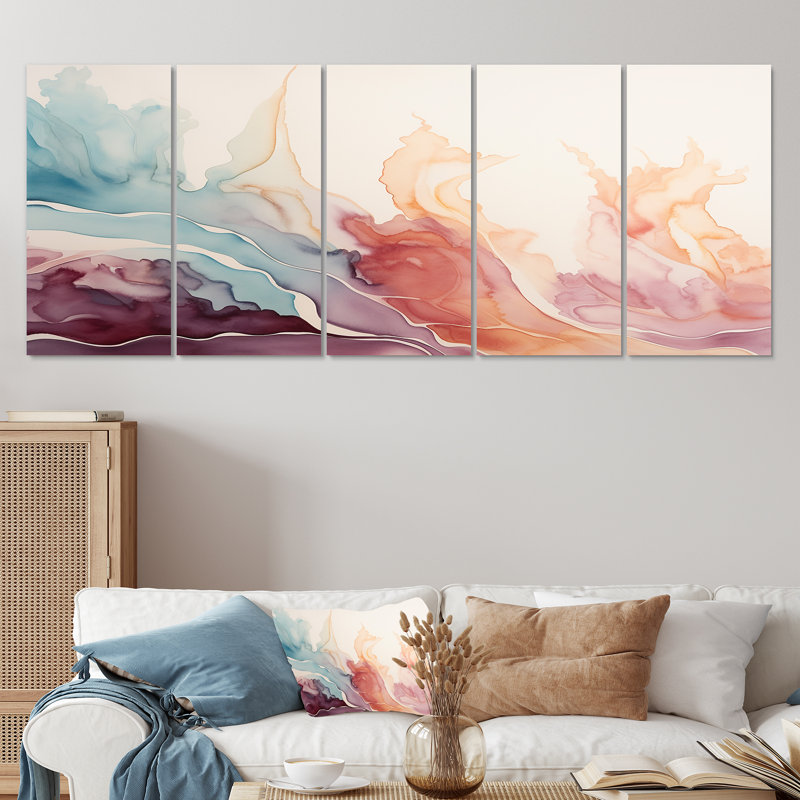 Cortinez - Encre liquide, art mural abstrait 5 pièces, H 28 po x l 60 po