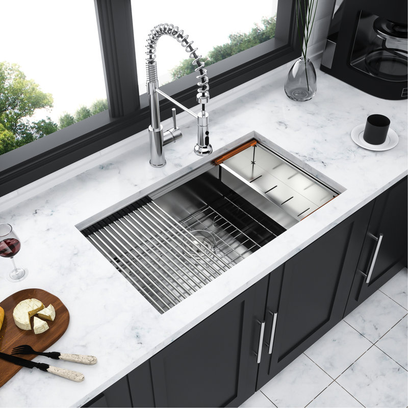 30"X19"X10" Inch Undermount Single Bowl Workstation Sink In Stainless Steel 16 Gauge, With Front And Back Ledges For Workspace, X-Shaped Water Guide Easy Cleaning, R10 Corners, Coating , Package With