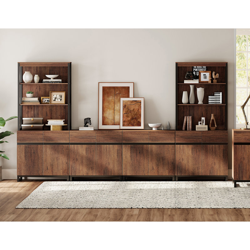 Waite Modern TV Stand With 3 Tiers Bookshelf, Farmhouse Entertainment Center With 4 Large Storage Cabinets And Adjustable Shelf, Wooden Media TV Console With Black Metal Leg For Living Room