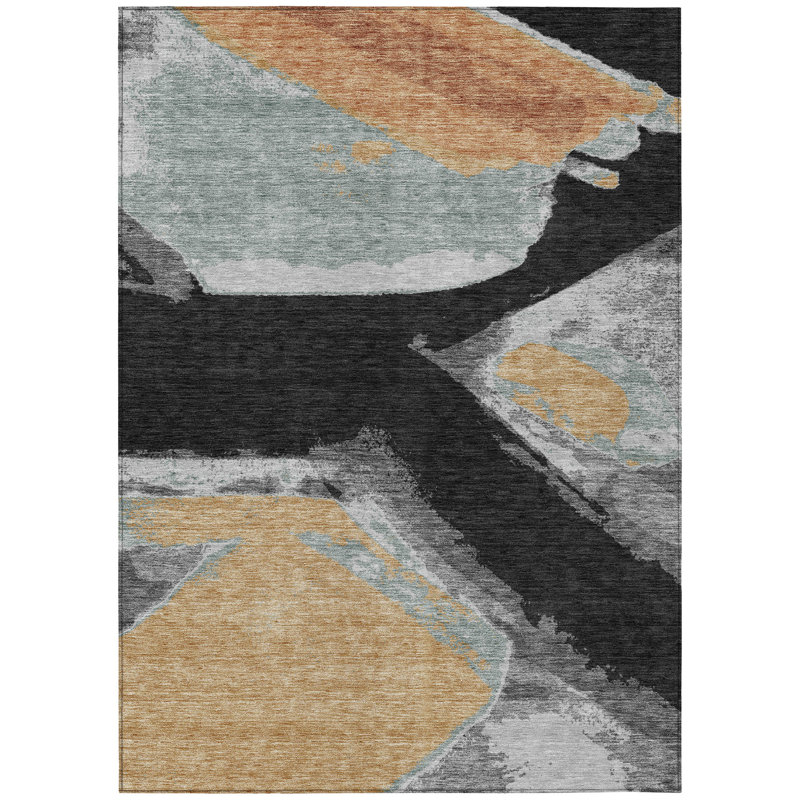Tapis abstrait lavable à la machine intérieur / extérieur ACN2571, Noir, 3 pi x 5 pi