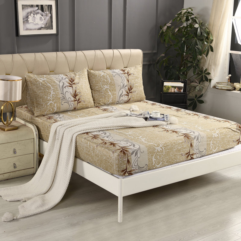 Complete Bedding Set Bliss Beige Floral Duvet Cover, Matching Fitted Sheet & Pillowcases