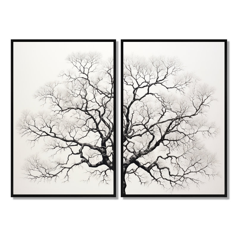 Minimalisme, arbres noirs et blancs en chêne - Art mural traditionnel, Black, 36" H x 48" W, Impression encadrée flottante
